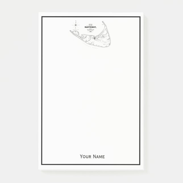 Bloco Post-it Ilha Nantucket MA Mapa Antigo Preto (Frente)