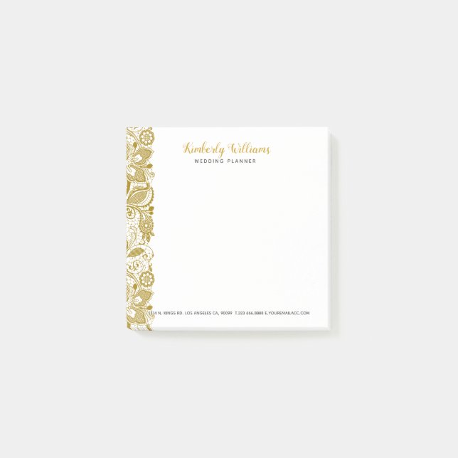 Bloco Post-it Lace Floral De Casamento Dourado E Branco Elegante (Frente)
