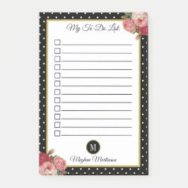 Bloco Post-it Lista de Bolinhas do Monograma Floral Preto