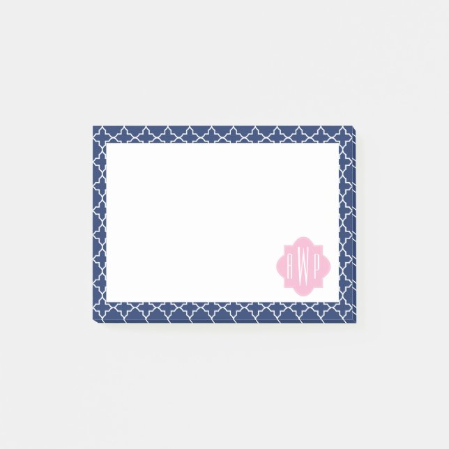 Bloco Post-it Marinho Quatrefoil e Monograma Rosa (Frente)