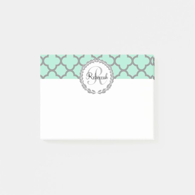Bloco Post-it Mint Green Cinza Quatrefoil Name Monogrammed Laure (Frente)