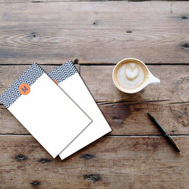 Bloco Post-it Monograma - Azul Real com Padrão de Chevron Laranj (Criador carregado)