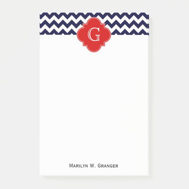 Bloco Post-it Monograma do Quatrefoil Vermelho marinho Branco (Frente)