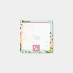 Bloco Post-it Monograma Jardim Floral, Fundo Azul
