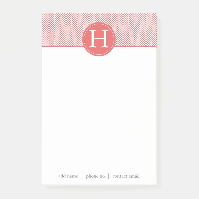 Bloco Post-it Monograma Personalizado Elegante Chevron Coral (Frente)