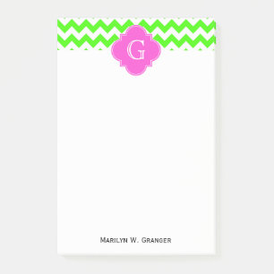 Bloco Post-it Monograma Quatrefoil Rosa Quente-verde limão