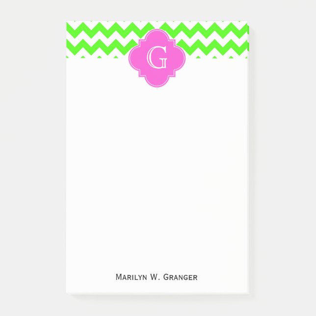 Bloco Post-it Monograma Quatrefoil Rosa Quente-verde limão (Frente)