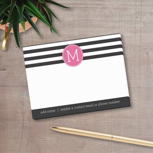 Bloco Post-it Monograma Rosa Quente, de Padrão Preto e Branco (Add your monogram and social contact info to this preppy post-it note design)