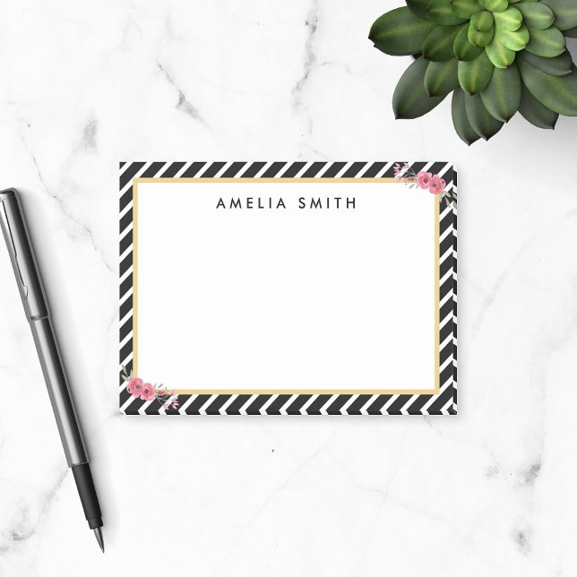 Bloco Post-it Nome Personalizado Chic Black Stripes Pink Flowers (Criador carregado)