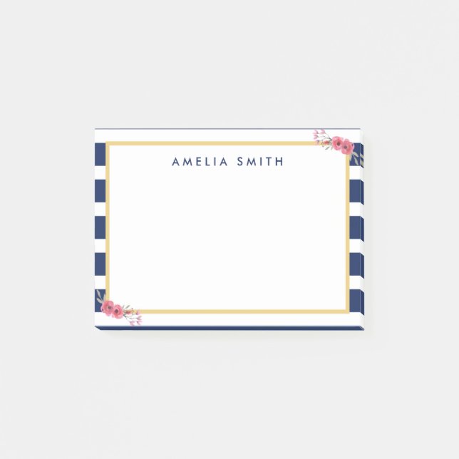 Bloco Post-it Nome Personalizado Chic Flores Cor-de-rosa com fai (Frente)