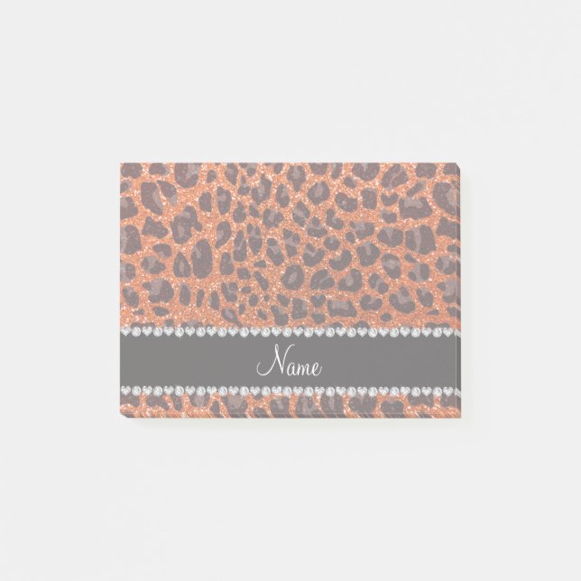 Bloco Post-it Nome personalizado glitter laranja impressão leopa (Frente)