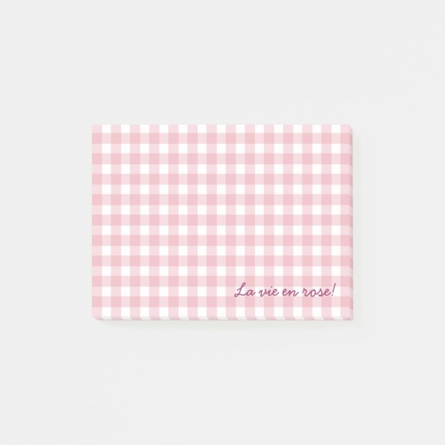 Bloco Post-it notas cor-de-rosa de gingham (Frente)