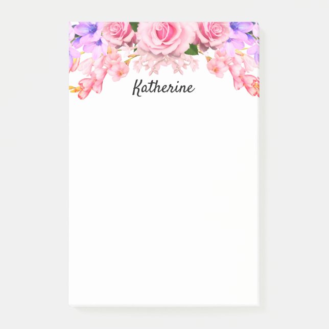 Bloco Post-it Notas de Posto Floral Rosa Rosa Personalizada (Frente)