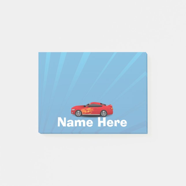 Bloco Post-it O azul brilhante com o carro de esportes vermelho (Frente)