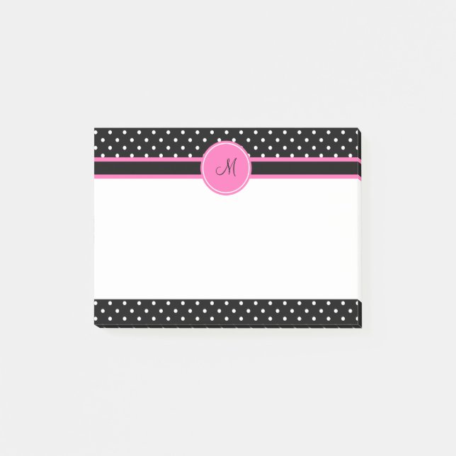 Bloco Post-it Padrão de Bolinhas branco e preto do monograma (Frente)