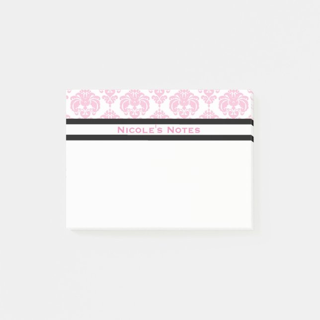 Bloco Post-it Padrão de damasco rosa e branco personalizado mode (Frente)