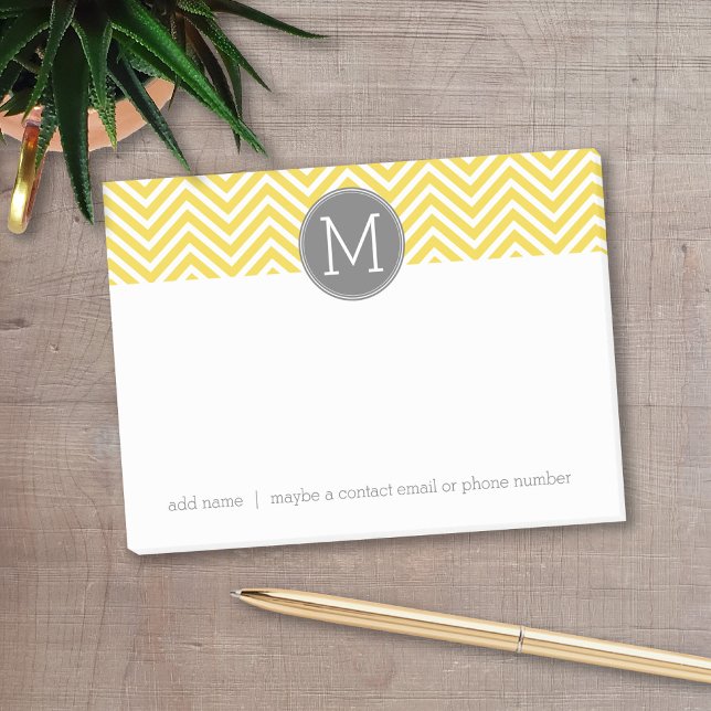 Bloco Post-it Padrão de Divisa Amarelo e Cinza com Monograma (Personalized post-it notes with a monogram and contact information - low quantity available)