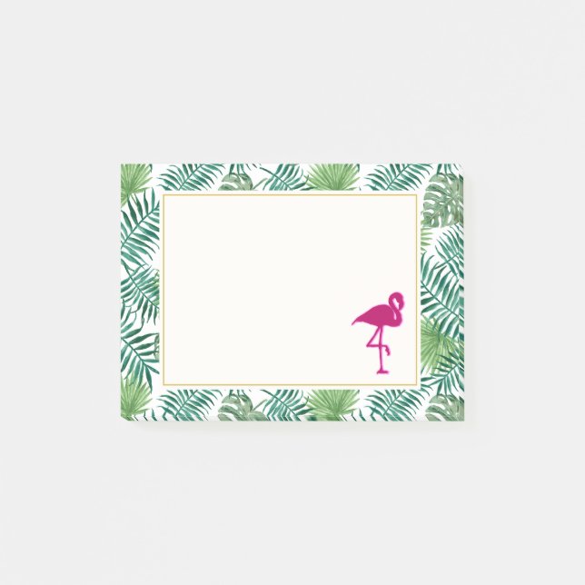 Bloco Post-it Padrão de Folhas Tropicais e Flamingo Rosa (Frente)