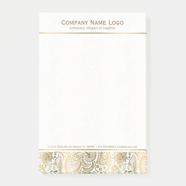 Bloco Post-it Padrão de Paisley Floral Dourado Elegante (Frente)