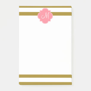 Bloco Post-it Padrão Dourado Metálico Monograma e Riscado Rosa