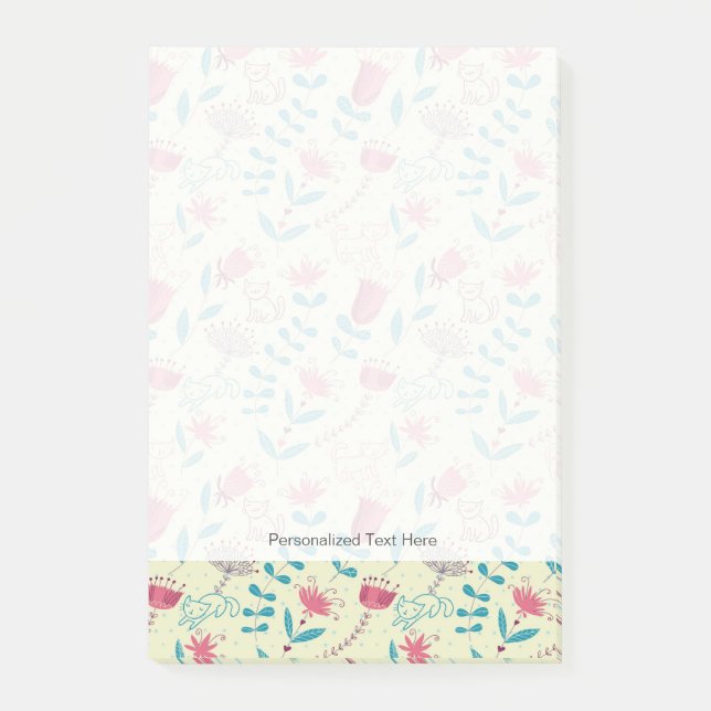 Bloco Post-it Padrão floral com gatos de desenho (Frente)
