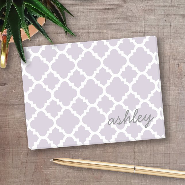 Bloco Post-it Padrão Lavendar Quatrefoil com Nome de Script (Personalized post-it notes - add your name and other text)