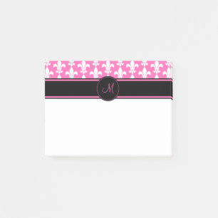 Bloco Post-it Padrão Monograma de Fleur de Lis, Branco e Rosa Qu