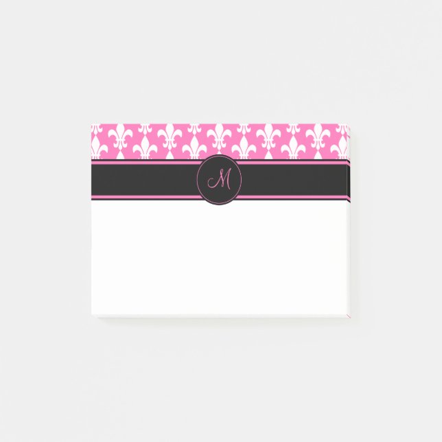 Bloco Post-it Padrão Monograma de Fleur de Lis, Branco e Rosa Qu (Frente)