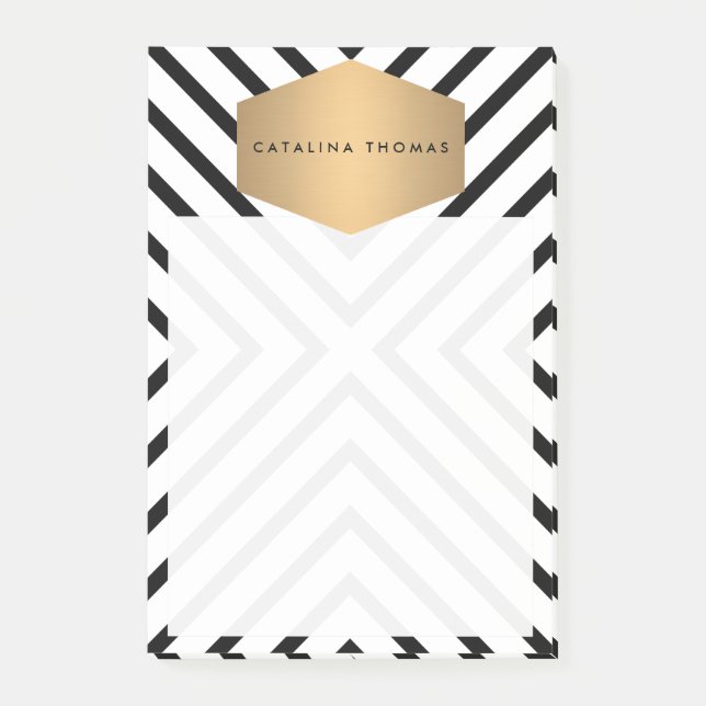 Bloco Post-it Padrão preto e branco retrô com emblema Dourado (Frente)