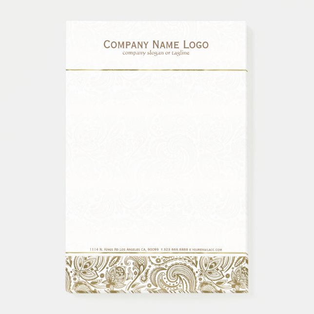 Bloco Post-it Paisley Floral Dourado E Branco Elegante (Frente)