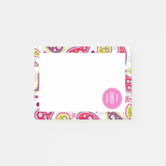 Bloco Post-it Paisley & monograma cor-de-rosa (Frente)