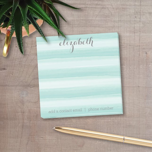 Bloco Post-it Pastel Teal and Cinza Stationery Suite para Mulher (Add your name to these personalized post-it notes with watercolor stripes.)