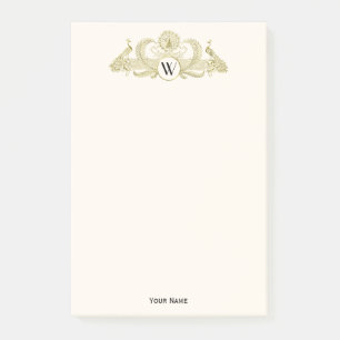 Bloco Post-it Pavões Vintage Monograma Dourado Falso Marfim BG