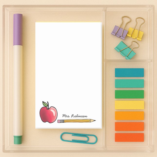 Bloco Post-it Professor Personalizado Apple e Lápis 4 x 6 (4x6 white sticky note with apple and pencil with custom name for your teacher)