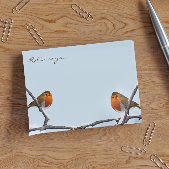 Bloco Post-it Robin Bird Cujo Pássaro Personalizado Blue de inve (Two Christmas Robins sat on a snowy branch chatting about how much they'd like to come home with you)