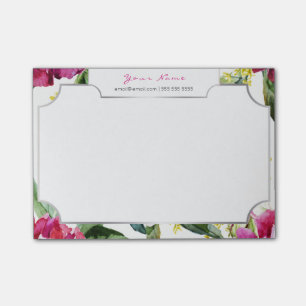 Bloco Post-it Rosa floral verde cor-de-rosa da aguarela do