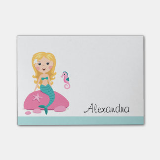 Bloco Post-it Sereia loura com nome personalizado cavalo marinho