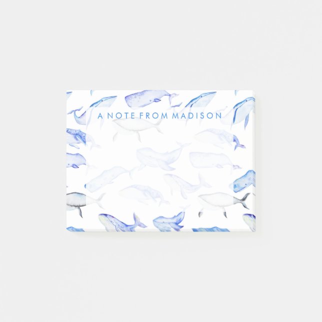 Bloco Post-it Teste padrão da baleia azul da aguarela (Frente)