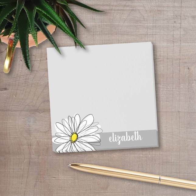 Bloco Post-it Trendy Daisy com cinza e amarelo (Add your name to these personalized post-it notes with a whimsical daisy drawing.)