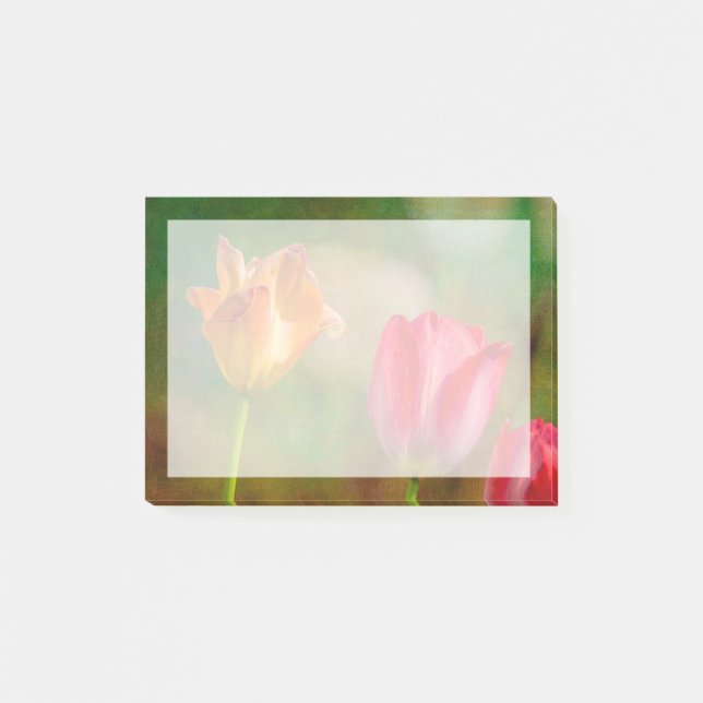 Bloco Post-it Tulipas vermelhas e amarelas em fundo texturizado (Frente)