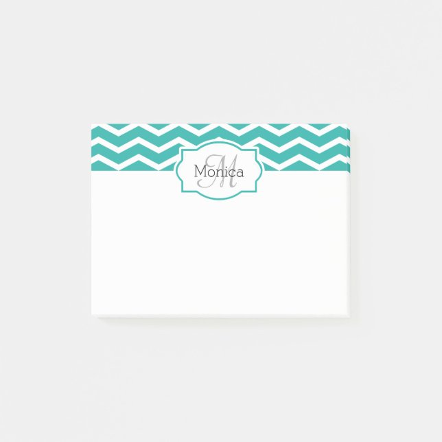 Bloco Post-it Turquoise Aqua Teal Chevron Nome Monograma (Frente)