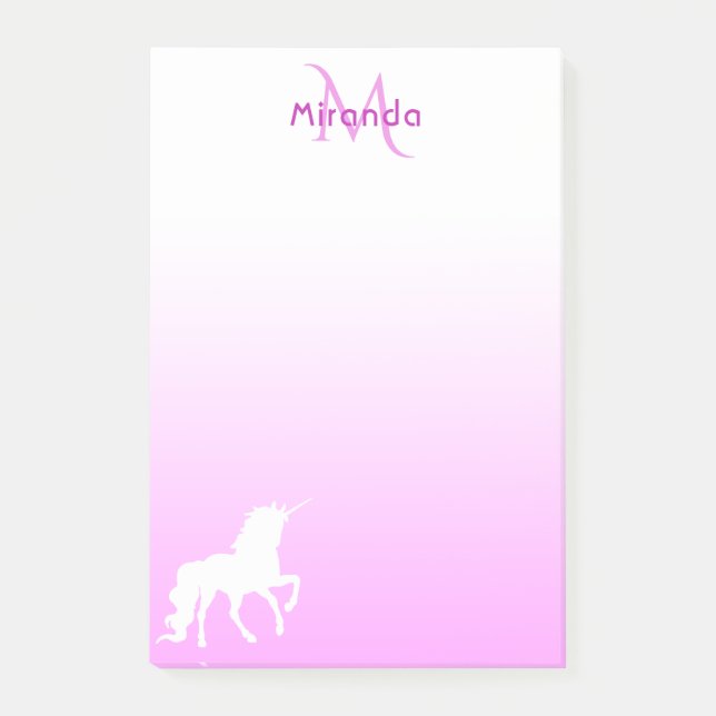 Bloco Post-it Unicorn Nome do monograma branco rosa (Frente)