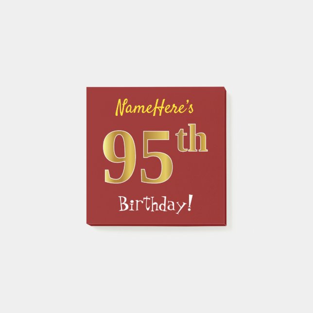 Bloco Post-it Vermelho, Aniversário de 95 anos com Ouro Falso e  (Frente)