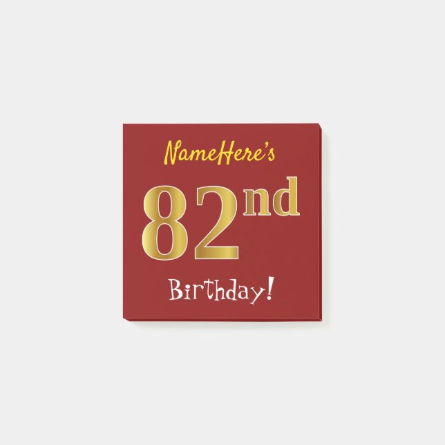 Bloco Post-it Vermelho, Falso Dourado Aniversário de 82 anos, Co (Frente)