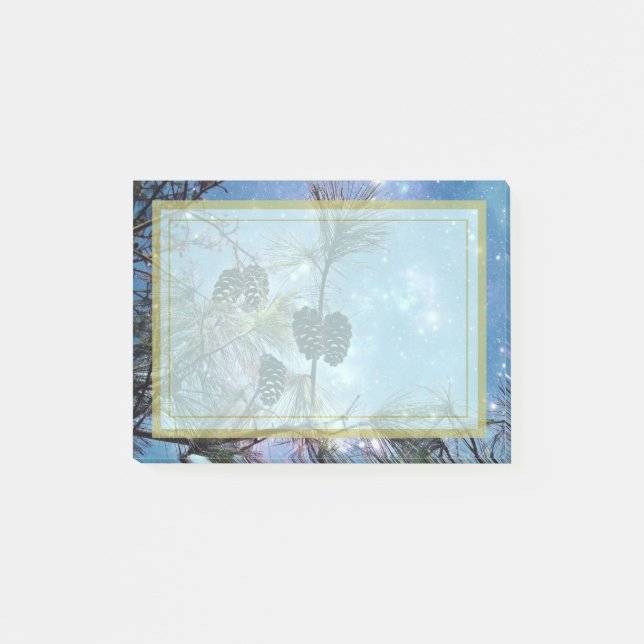 Bloco Post-it Winter Pine Cones sob um céu noturno estrelado (Frente)