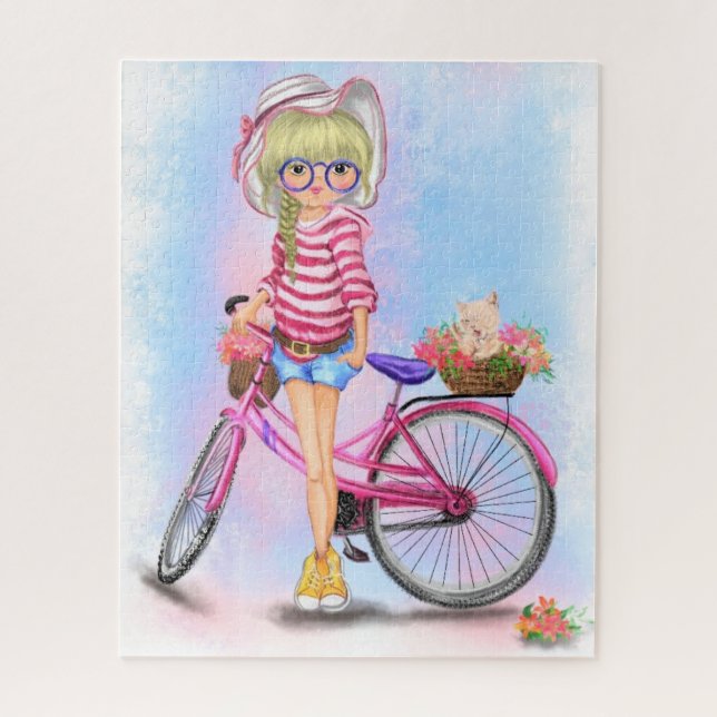 Blona branca e Quebra-cabeça de bicicleta rosa (Vertical)