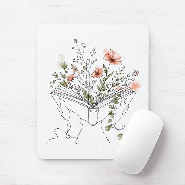 Blooms Book Arte Botânico em Linha Mouse Pad (Com mouse)