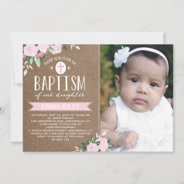 Blooms Floral Burlap | Convite Baptism (Frente)