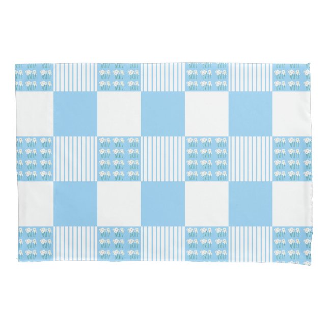 Bloqueio de colcha azul e branco Pillowcase (Frente)