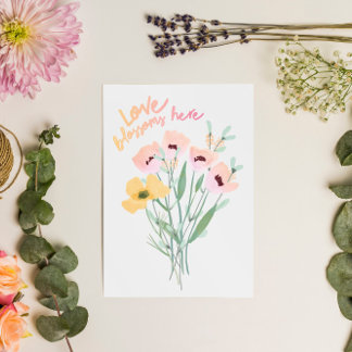 Blossomas de Amor Aqui Cartão de Buquê de Aquarela